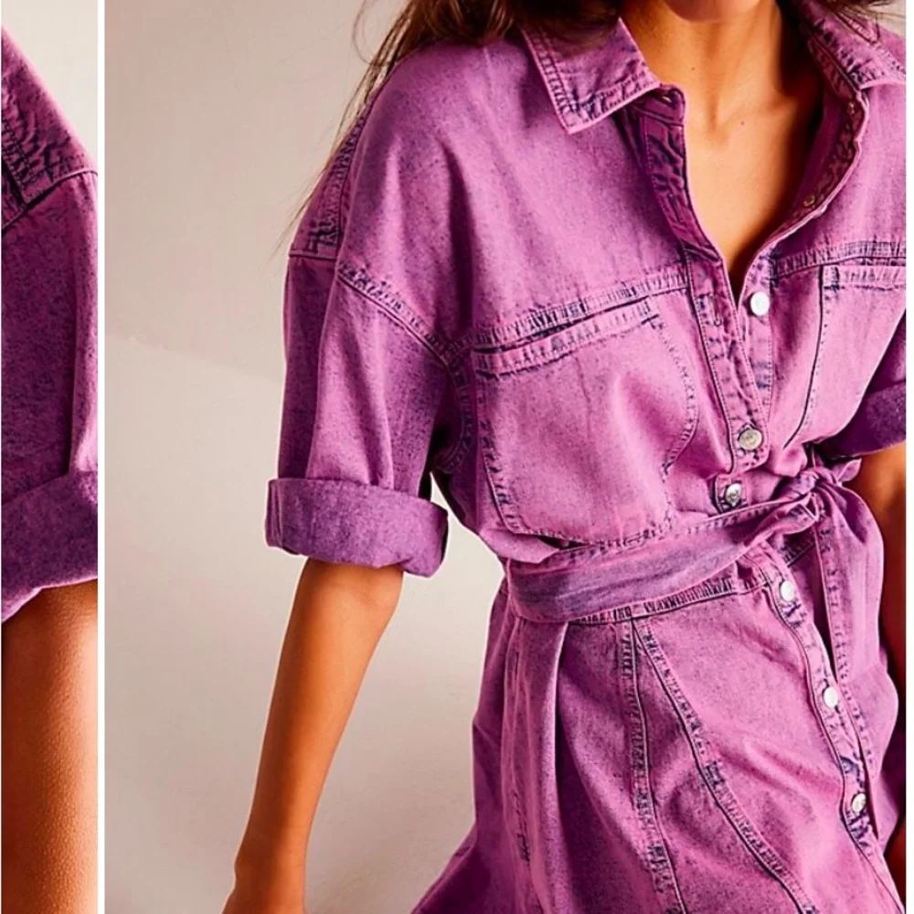 Free People We The Free Jenny Denim Tunic purple small tie waist S Jean - Picture 3 of 7